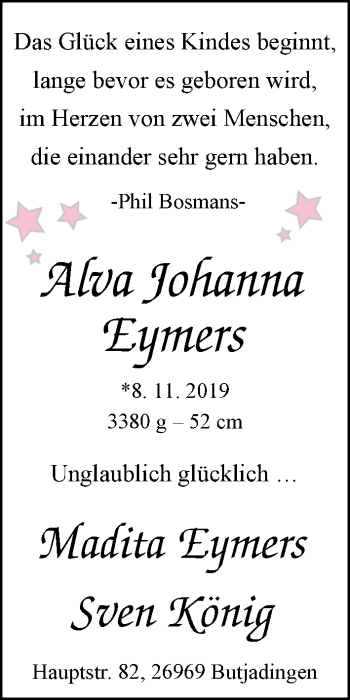 Babyanzeige von Alva Johanna Eymers von Nordwest-Zeitung