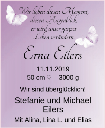 Babyanzeige von Erna Eilers von Nordwest-Zeitung