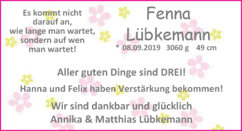 Babyanzeige von Fenna Lübkemann von Nordwest-Zeitung