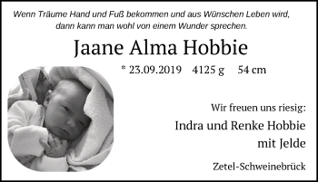 Babyanzeige von Jaane Alma Hobbie von Nordwest-Zeitung