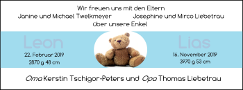Babyanzeige von Leon und Lias  von Nordwest-Zeitung