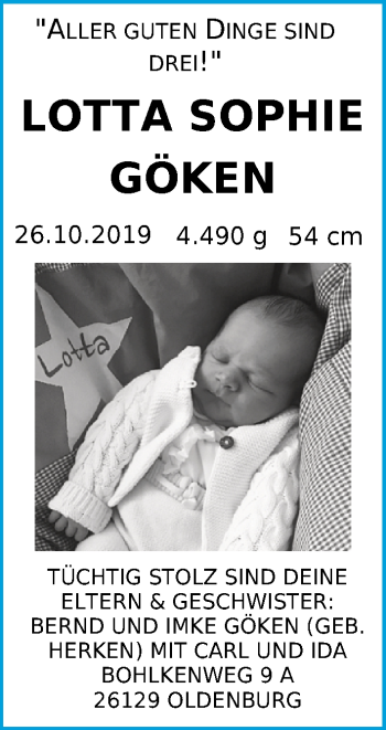 Babyanzeige von Lotta Sophie Göken von Nordwest-Zeitung