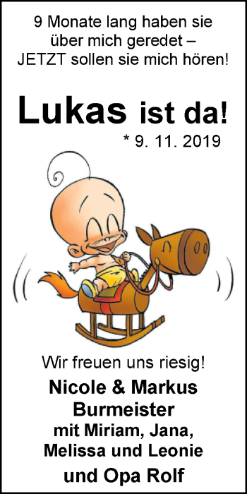 Babyanzeige von Lukas Burmeister von Nordwest-Zeitung