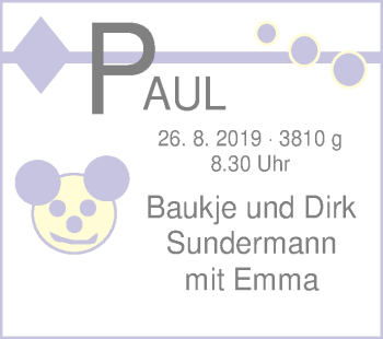 Babyanzeige von Paul Sundermann von Nordwest-Zeitung