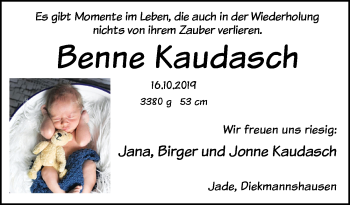 Babyanzeige von Benne Kaudasch von Nordwest-Zeitung