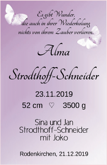 Babyanzeige von Alma Strodthoff-Schneider von Nordwest-Zeitung