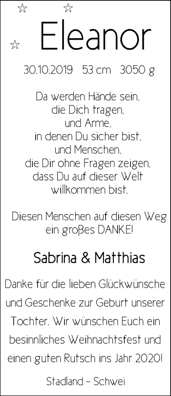 Babyanzeige von Eleanor  von Nordwest-Zeitung