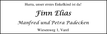 Babyanzeige von Finn Elias Padecken von Nordwest-Zeitung