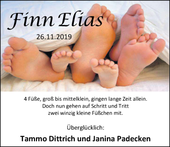 Babyanzeige von Finn Elias Padecken von Nordwest-Zeitung