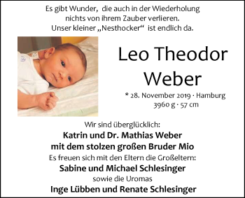 Babyanzeige von Leo Theodor Weber von Nordwest-Zeitung