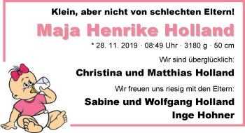 Babyanzeige von Maja Henrike Hollan von Nordwest-Zeitung