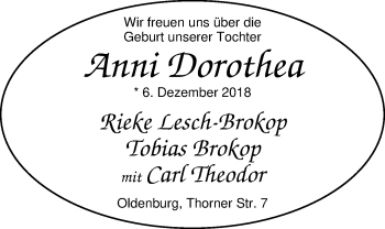 Babyanzeige von Anni Dorothea  von Nordwest-Zeitung