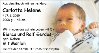 Babyanzeige von Carlotta Helene Gerdes von Nordwest-Zeitung