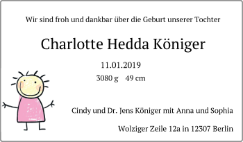Babyanzeige von Charlotte Hedda Königer von Nordwest-Zeitung