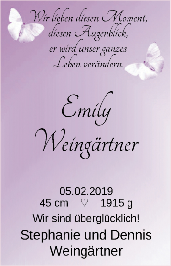 Babyanzeige von Emily Weingärtner von Nordwest-Zeitung