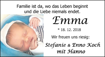 Babyanzeige von Emma Koch von Nordwest-Zeitung