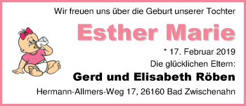 Babyanzeige von Esther Marie Röben von Nordwest-Zeitung