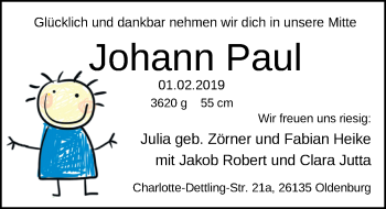 Babyanzeige von Johann Paul Heike von Nordwest-Zeitung
