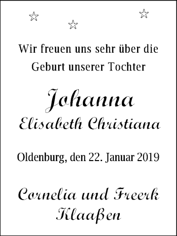 Babyanzeige von Johanna Elisabeth Christiana Klaaßen von Nordwest-Zeitung
