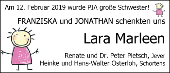 Babyanzeige von Lara Marleen  von Nordwest-Zeitung