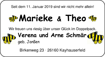 Babyanzeige von Marieke und Theo Schmär von Nordwest-Zeitung