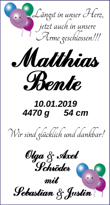 Babyanzeige von Matthias Bente Schröder von Nordwest-Zeitung