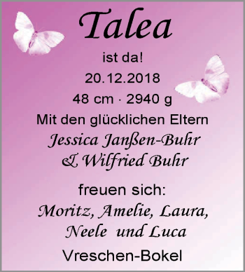 Babyanzeige von Talea Buhr von Nordwest-Zeitung