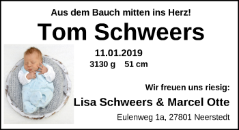 Babyanzeige von Tom Schweers von Nordwest-Zeitung