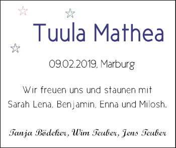 Babyanzeige von Tuula Mathea Bödeker von Nordwest-Zeitung