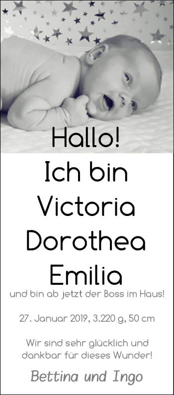 Babyanzeige von Victoria Dorothea Emilia  von Nordwest-Zeitung