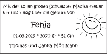 Babyanzeige von Fenja Möhlmann von Nordwest-Zeitung