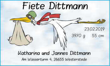Babyanzeige von Fiete Dittmann von Nordwest-Zeitung