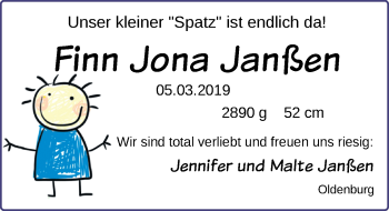 Babyanzeige von Finn Jona Janßen von Nordwest-Zeitung