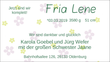 Babyanzeige von Fria Lene Goebel von Nordwest-Zeitung