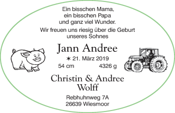 Babyanzeige von Jann Andree Wolff von Nordwest-Zeitung