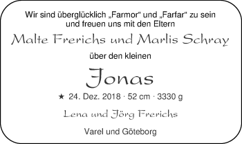 Babyanzeige von Jonas  von Nordwest-Zeitung