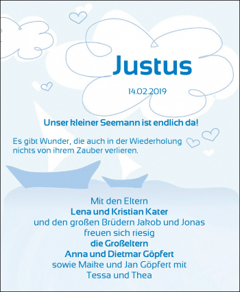 Babyanzeige von Justus  von Nordwest-Zeitung