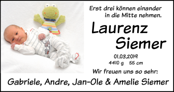 Babyanzeige von Laurenz Siemer von Nordwest-Zeitung