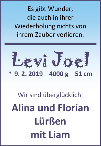 Babyanzeige von Levi Joel Lürßen von Nordwest-Zeitung
