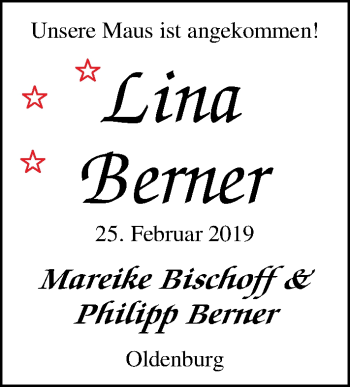 Babyanzeige von Lina Berner von Nordwest-Zeitung