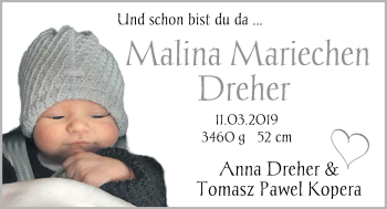 Babyanzeige von Malina Mariechen Dreher von Nordwest-Zeitung