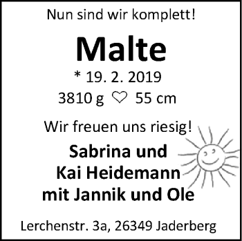 Babyanzeige von Malte Heidemann von Nordwest-Zeitung