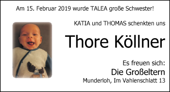 Babyanzeige von Thore Köllner von Nordwest-Zeitung