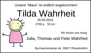 Babyanzeige von Tilda Wahrheit von Nordwest-Zeitung