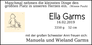 Babyanzeige von Ella Garms von Nordwest-Zeitung