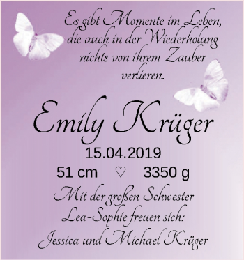 Babyanzeige von Emily Krüger von Nordwest-Zeitung