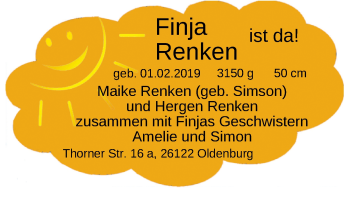 Babyanzeige von Finja Renken von Nordwest-Zeitung