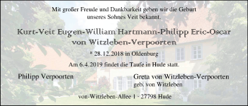 Babyanzeige von Kurt-Veit Eugen-William Hartmann-Philipp Eric-Osca von Witzleben-Verpoorten von Nordwest-Zeitung