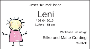 Babyanzeige von Leni Cording von Nordwest-Zeitung