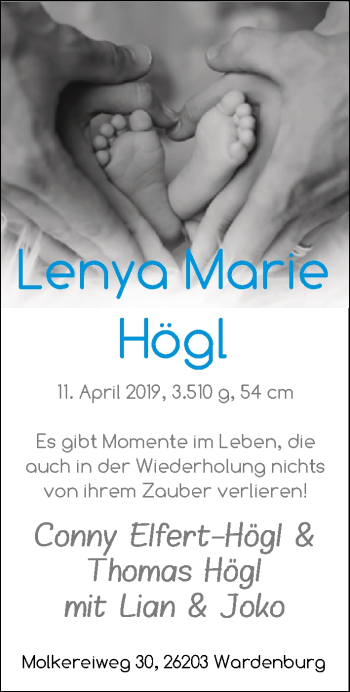 Babyanzeige von Lenya Marie Högl von Nordwest-Zeitung